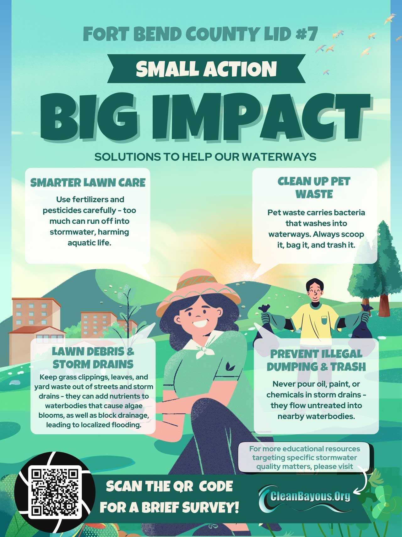 A green and teal graphic with a ribbon banner that reads SMALL ACTION above the large, bold text BIG IMPACT. Subtext below reads SOLUTIONS TO HELP OUR WATERWAYS.